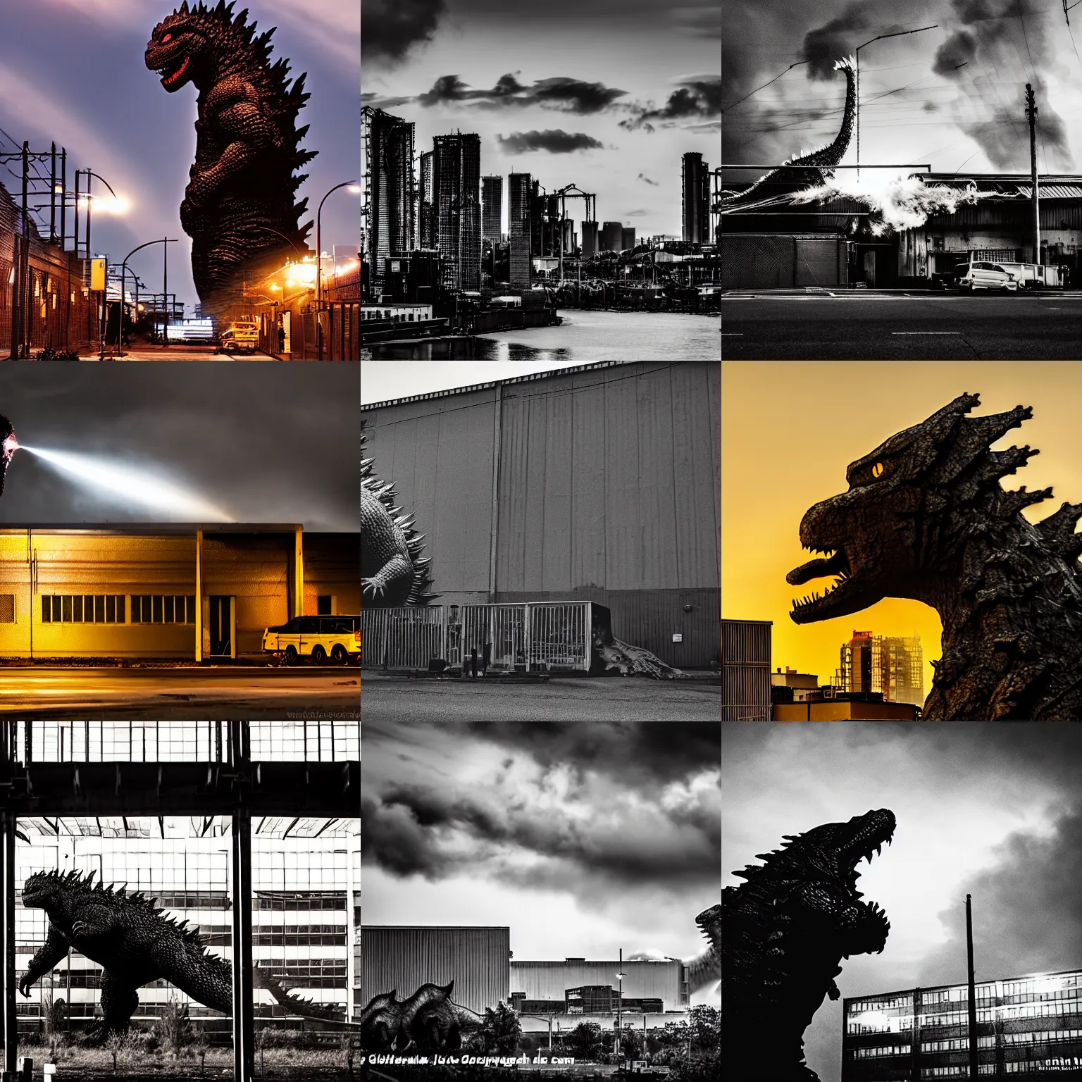 Prompt: godzilla attacking industrial building, dramatic lighting, evening, 5 5 mm