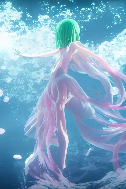 Image similar to 3D CG anime Land of the Lustrous Houseki no Kuni character Ventricosus translucent very light pink jelly woman with thick waist and chest size and pink transparent bouffont dress frills hair in a bun standing at the bottom of the ocean near the surface, sun rays shine through the water, facing the camera, confident pose, beautiful composition, 3D render, cel shaded, 8k, key visual, made by Haruko Ichikawa, Makoto Shinkai, studio Ghibli, Kyoto Animation