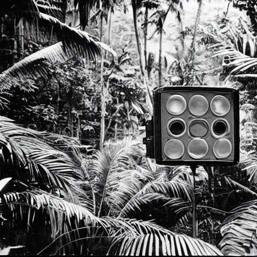 Image similar to a rizom lost film footage of a ( ( ( ( ( ( ( ( cube ) ) ) ) ) ) ) ) in the middle of the tropical jungle / tropicalism / tropicalism / tropicalism / film still / cinematic / enhanced / 1 9 2 0 s / black and white / grain