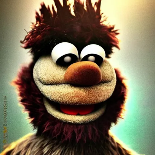 Image similar to a still of a forgotten muppet character looking very manly and modern, hilarious, laughing, hairy chest, huge chin, manly monster tough guy, roughled fur, photo real, photographic, photograph, artstation, trending, featured