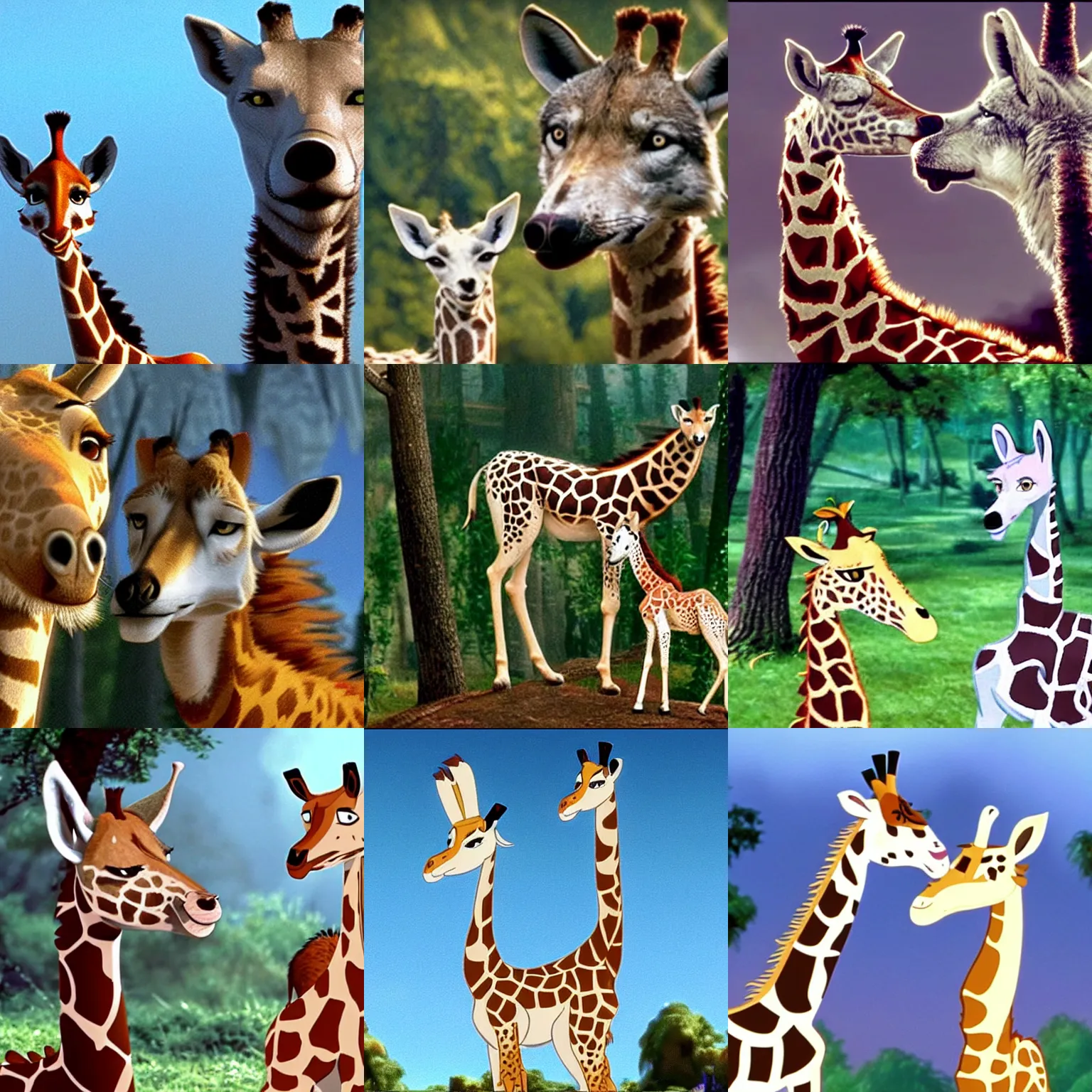 Prompt: a wolf and a giraffe looking at each other, screen capture from a disney movie, telelens