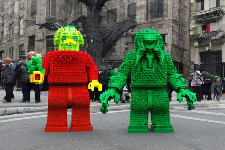 Image similar to Cthulhu, made out of Legos, walking down a city street, photo realistic