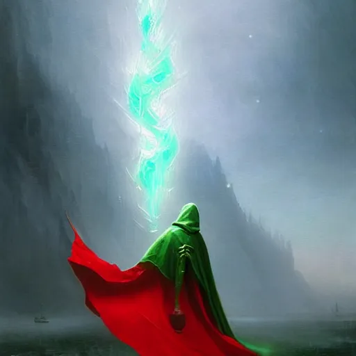 Image similar to ''cinematic shot'' red hooded mage ( spectre ) with bells ringing simetrical 8 k atmosferic realistic, wearing a green cape, holding a bell, made by ivan aivazovsky, peter mohrbacher, greg rutkowski volumetric light effect broad light oil painting painting fantasy art style sci - fi art style realism premium prints available artwork unreal engine