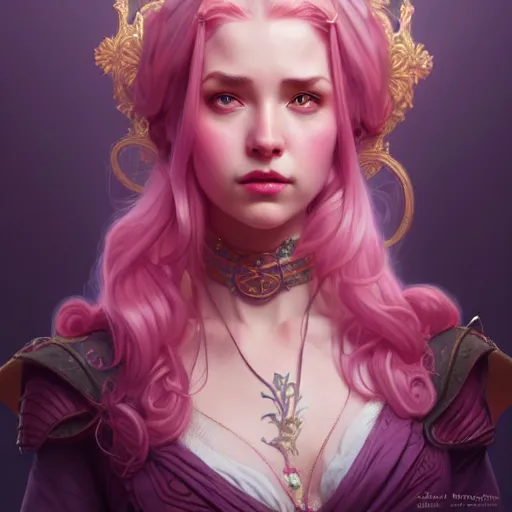 Image similar to aristocrat sad, female, d & d, fantasy, intricate, elegant, highly detailed, pink hair, digital painting, artstation, octane render, concept art, matte, sharp focus, illustration, hearthstone, art by artgerm, alphonse mucha johannes voss