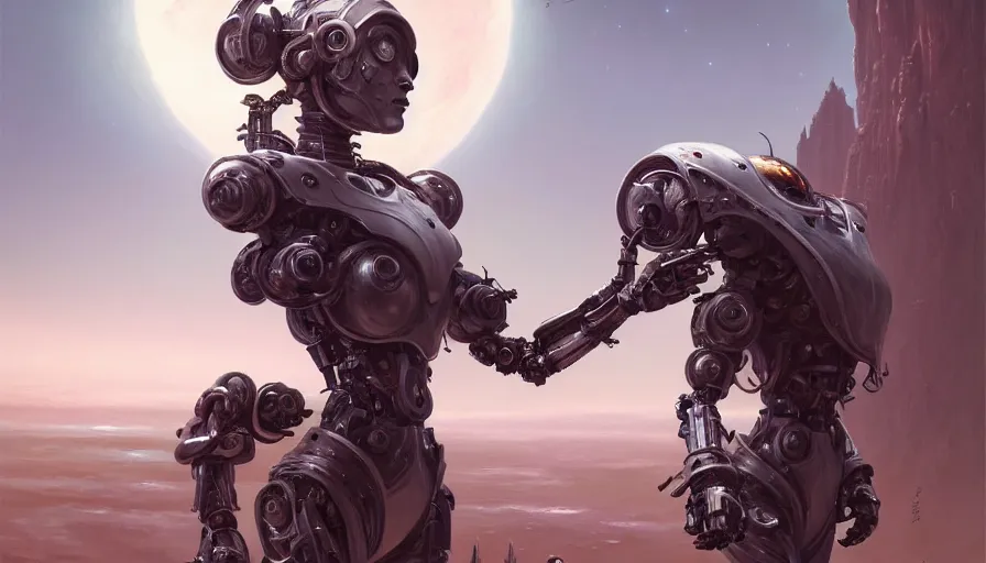 Image similar to a warrior robot astronaut, floral! looks like a machine from horizon forbidden west designed by apple, in socotra island, posing for a fight, intricate, elegant, highly detailed, digital painting, establishing shot, an epic fantasy, artstation, smooth, sharp focus, illustration, art by artgerm and greg rutkowski, 8 k