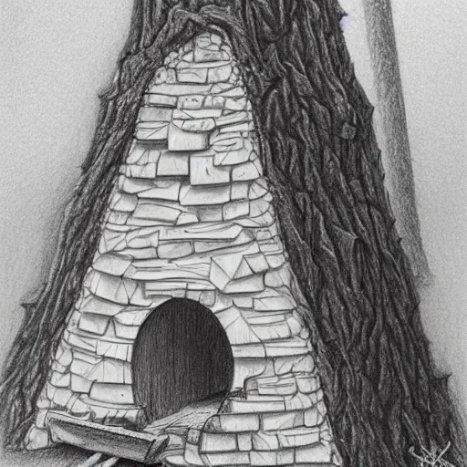 Image similar to hyper realistic pencil drawing of Stump House Tonnel, detailed, rim light, diffused, intricate, axe, by anna dittmann