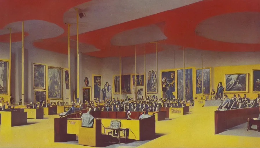 Image similar to 60s movie still of a sovietic stalinist style empty art museum with a soviet congress with yellow wall, eastmancolor, liminal Space style, heavy grain