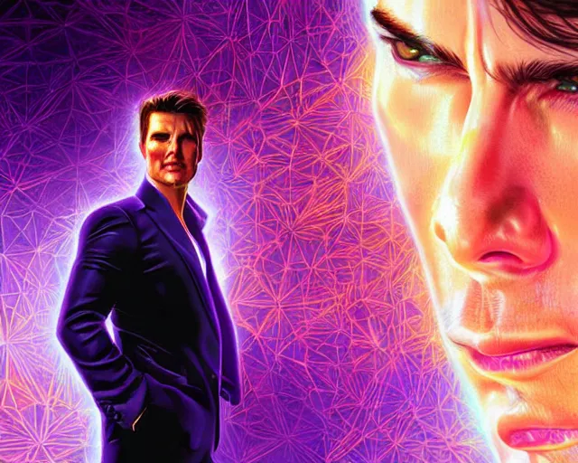 Image similar to portrait of tom cruise, fractal neon glowing diagram background, intricate purple suit, digital art by artgerm and karol bak