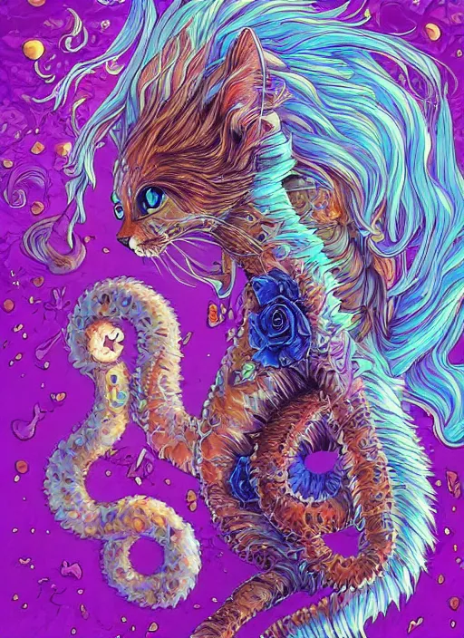 Prompt: cat seahorse fursona, autistic bisexual graphic designer and musician, long haired attractive androgynous fluffy humanoid character design, sharp focus, weirdcore voidpunk digital art by artgerm, akihiko yoshida, louis wain, simon stalenhag, wes anderson, wlop, noah bradley, furaffinity, artstation hd, trending on deviantart