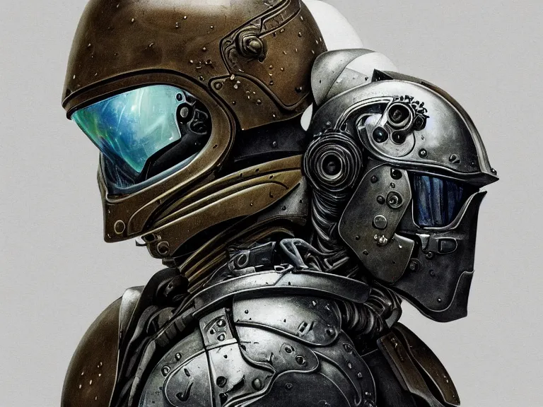 Image similar to a detailed profile painting of a bounty hunter in armour and visor, cinematic sci-fi poster. Cloth and metal. Flight suit, anatomy portrait symmetrical and science fiction theme with lightning, aurora lighting clouds and stars. Clean and minimal design by beksinski carl spitzweg giger and tuomas korpi. baroque elements. baroque element. intricate artwork by caravaggio. Oil painting. Trending on artstation. 8k