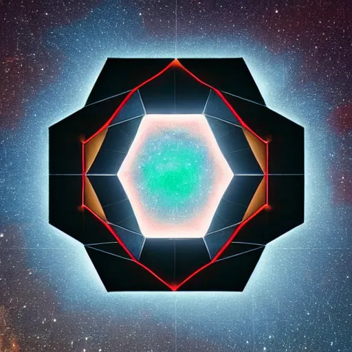 Image similar to mystical hexagonal portal in the night sky, made out of pure energy, hyperrealistic, photography