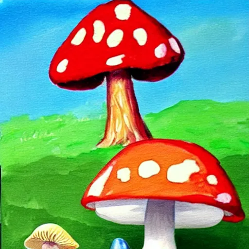 Image similar to a children painting of a cute creature sitting next to a mushroom, detailed, realistic