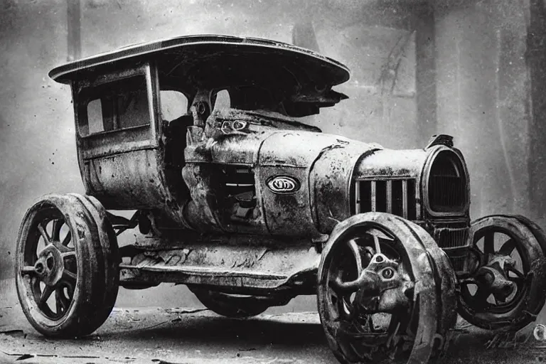 Prompt: cyberpunk 1 9 0 8 model ford t by paul lehr, jesper ejsing, metropolis, parked by view over city, vintage film photo, robotic, damaged photo, scratched photo, silent movie, black and white photo