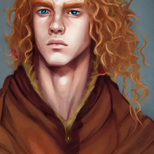 Prompt: portrait of Lucius the beautiful fantasy androgynous prince, long fluffy strawberry blond curly hair, clean and pretty, 8k, trending on artstation