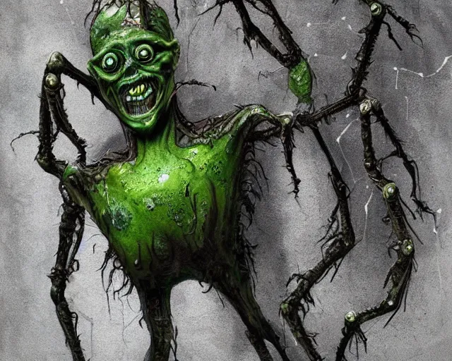 Image similar to Haunting horrifying hyperrealistic detailed painting of a tall slim spider extraterrestrial creature made of concrete stone brick, gelatinous green goop, heavy metal, disgusting, creepy, unsettling, and bloodshot eyeballs, hyper detailed, trending on Artstation