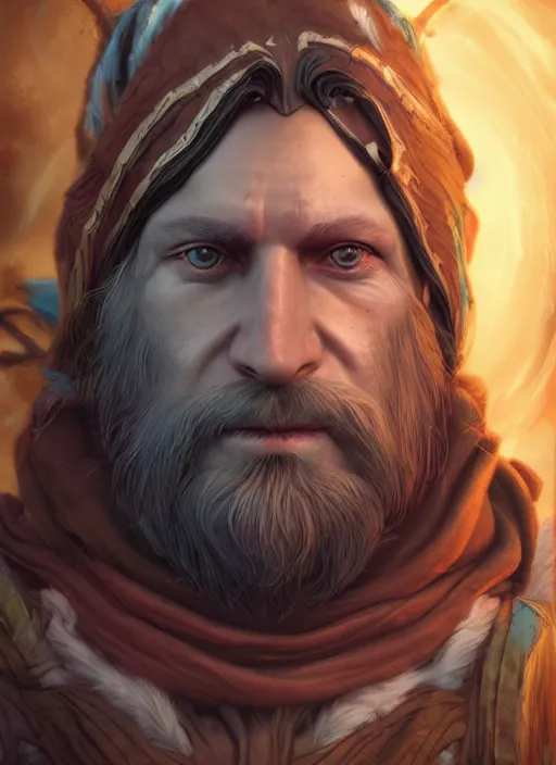 Image similar to A fantasy comic book style portrait painting of a male mystic druid, unreal 5, DAZ, hyperrealistic, octane render, RPG portrait, dynamic lighting