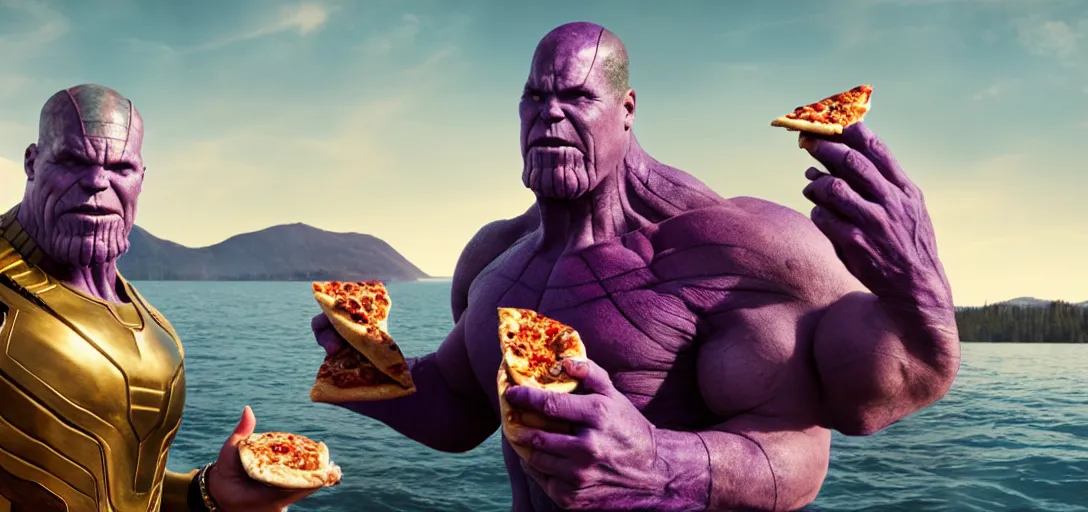 Image similar to a very high resolution image from a new movie. thanos eating pizza on a lake, photorealistic, photography, directed by wes anderson