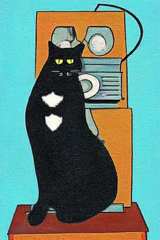 Prompt: black cat sitting next to vintage telephone, art by rosina wachtmeister