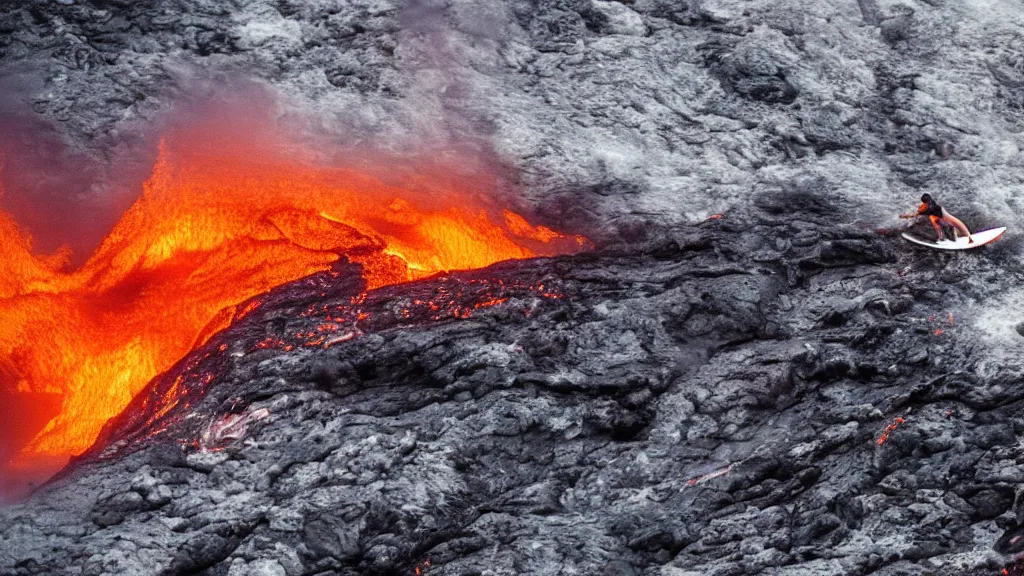 Prompt: medium shot of a person wearing a sponsored jersey surfing down a river of lava on the side of a volcano on surfboard, action shot, dystopian, thick black smoke and fire, sharp focus, cinematic, imax