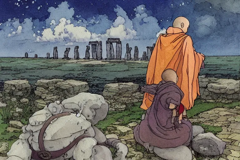 Image similar to a hyperrealist studio ghibli watercolor fantasy concept art. in the foreground is a giant monk in a grey robe lifting a stone. in the background is stonehenge. the scene is underwater on the sea floor. by rebecca guay, michael kaluta, charles vess