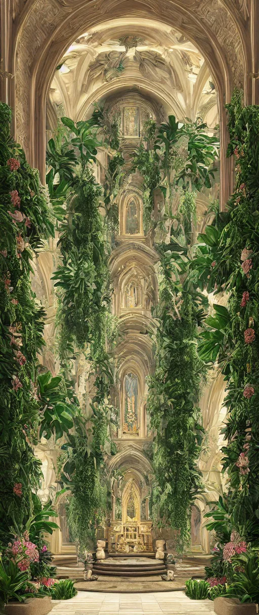 Prompt: beautiful cathedral interior with koi pond in the middle surrounded by palm trees, ivy, flowers, tropical plants, roses, and with archways, rendered in octane render with photorealistic volumetric lighting, cinematic,!! horizontal symmetry!!!, symmetrical, a flemish baroque by thomas cole, sanctuary, unsplash contest winner, maximalism, sanctuary