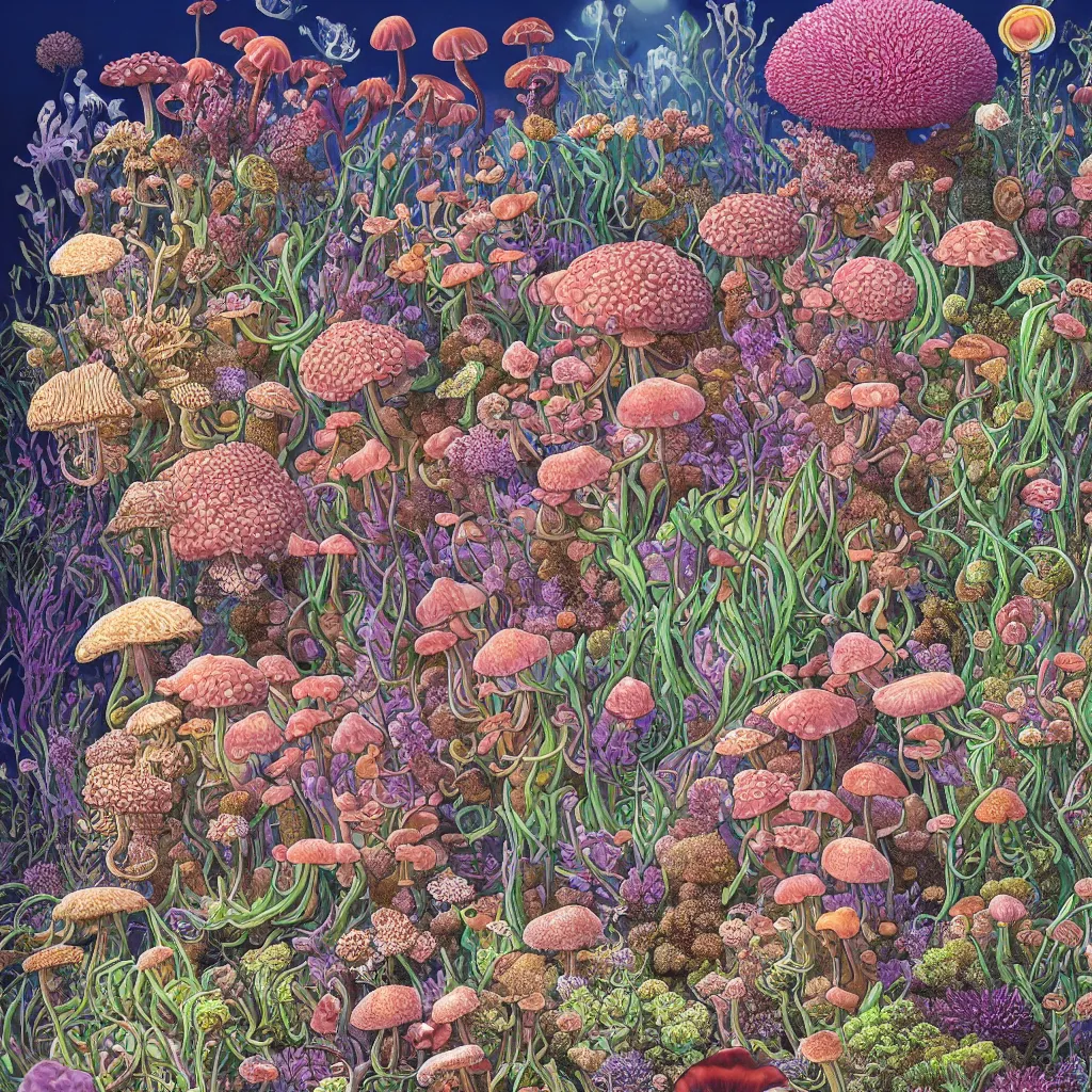 Image similar to highly detailed illustration of all the known species of plants, flowers, corals, mushrooms and jellyfish by juan gatti, by makoto shinkai, by moebius!, by oliver vernon