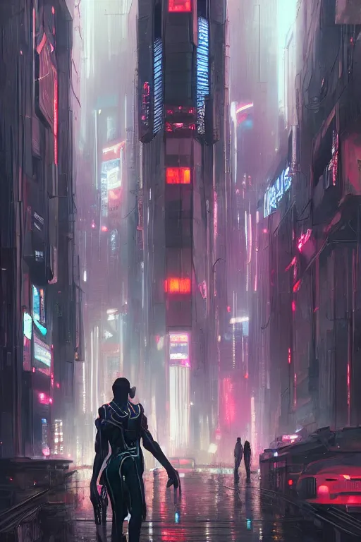 Image similar to black male cyborg body modifications hd greg rutkowski low perspective! cyberpunk city neon rain