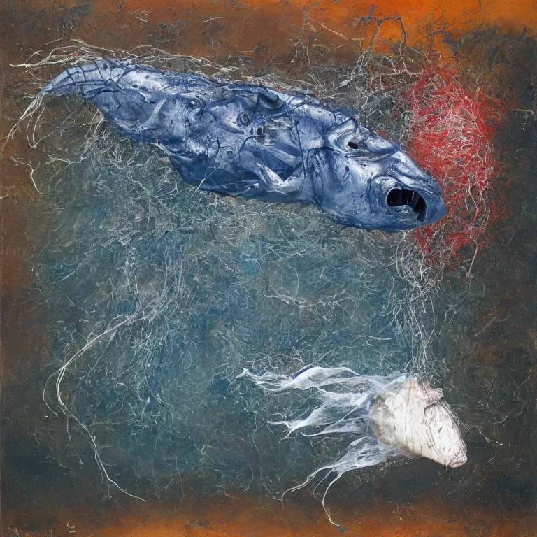 Prompt: Realistic Studio Photograph of a deep sea anglerfish deep underwater, award-winning nature deep sea expressionistic impasto oil painting by Cy Twombly and Tim Hawkinson hyperrealism 8k