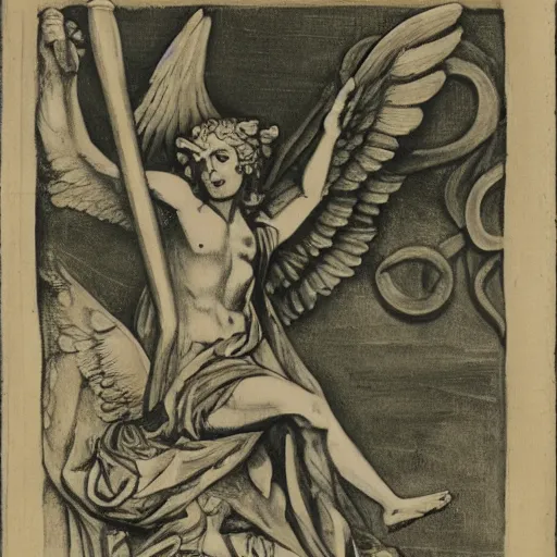 Image similar to fallen angel with hermes caduceus.