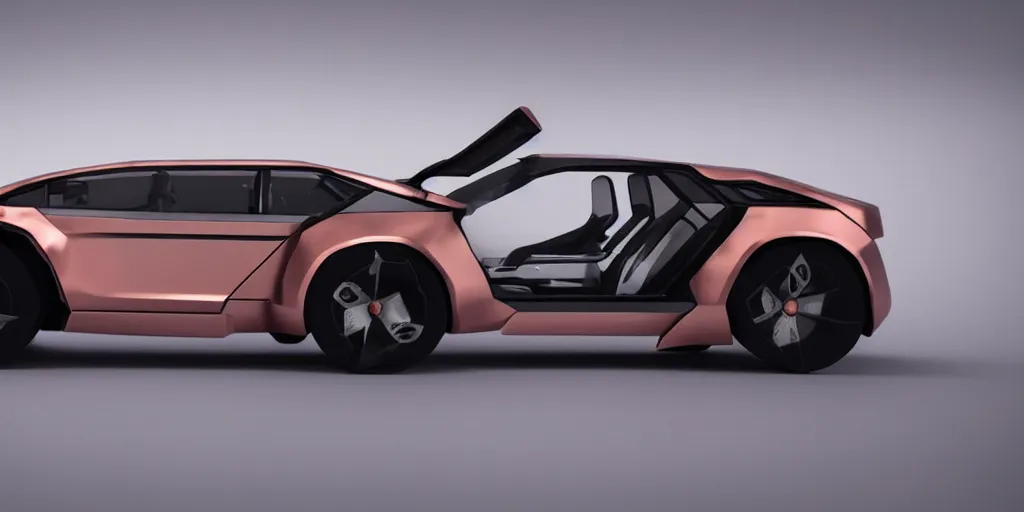 Image similar to a design of a futuristic DMC Delorian, designed by Polestar, blade runner background, back view, rose copper car paint with white line accent detailing, black windows, sportscar, black show room, dramatic lighting, hyper realistic render, depth of field.