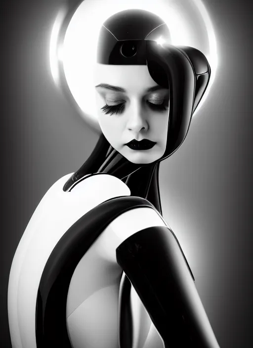 Image similar to surreal mythical dreamy dark artistic black and white fine art fashion portrait photo of a young beautiful delicate female metropolis robot kissing her mirror reflection, spiritual, halo, glory, rim light, cinematic, studio dramatic light, poetic, masterpiece, octane render, 8 k, photo - realistic by dora maar man ray