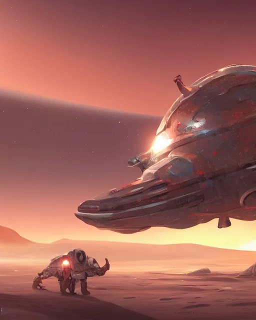 Image similar to ancient space ship, ice fish shape, desert planet, cinematic, highly detailed, scifi, intricate digital painting, sunset, red glow, illustration, artstation, by johnson ting, jama jurabaev