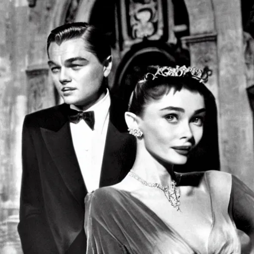 Image similar to Leonardo DiCaprio and Audrey Hepburn in Roman Holiday, movie still