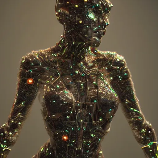 Image similar to woman full body, ethereal, biomechanical, cyberpunk, covered in gems / diamond, elegant posed intricate, extremy detailed andrew chiampo, frederik heyman, beeple, cgsociety, artstation. cinematic lighting, highly detailed 4 k art