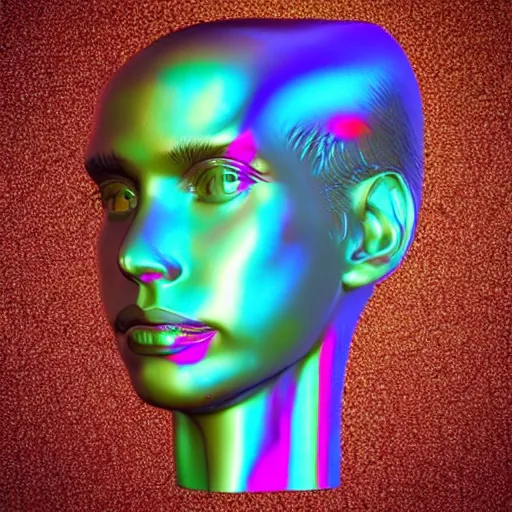 Prompt: humanoid face 3 d glossy 3 d model human dynamic palette knife oil paintings non binary model made of holographic texture holographic glossy iridescent 3 d texture render in aesthetic vaporwave sci - fi retro wave new retro old vhs windows 9 5 8 0 s synthwave cassette futuristic anime style