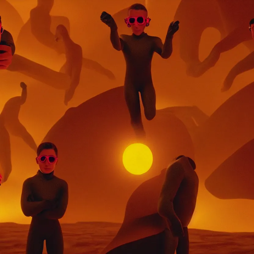 Image similar to spy kids thumb people, golden hour lighting, cinematic film still from the movie directed by denis villeneuve with art direction by wayne barlowe and salvador dali, wide lens, f 3 2