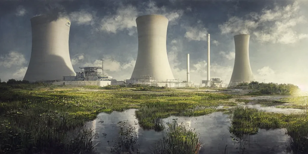 Image similar to clean and optimistic nuclear power plant, ruan jia, steve mccurry, ivan shishkin, studio ghibli