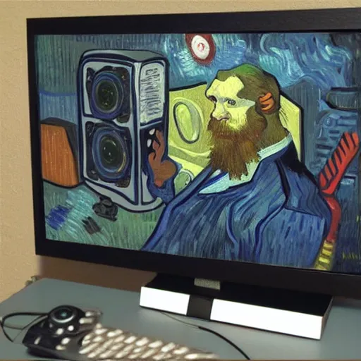 Prompt: oil painting of a gamer computer gamer pc, oil in canvas, painted by van gogh