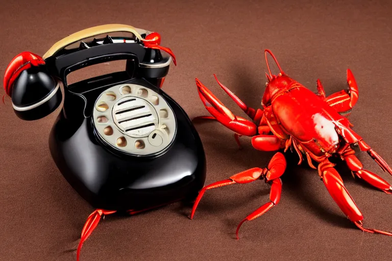 Prompt: commercial product photography advertisement for Salvador Dali’s Lobster Telephone, a black Rotary telephone with a red painted plaster lobster for a handle, Rear lighting, commercial studio lighting