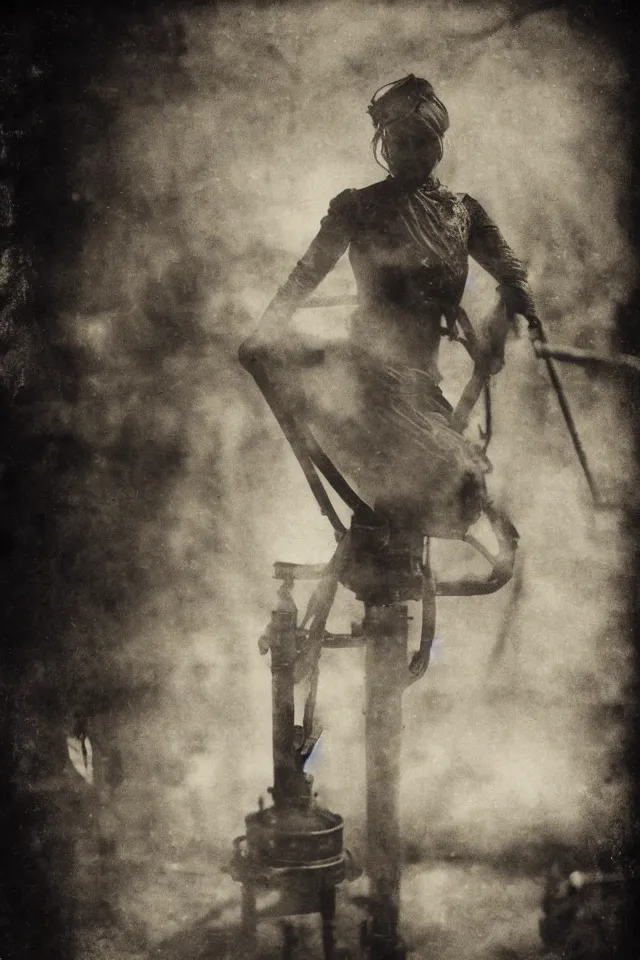 Image similar to wet plate photograph portrait of scarves dancer in victorian era boiler room, coal inferno