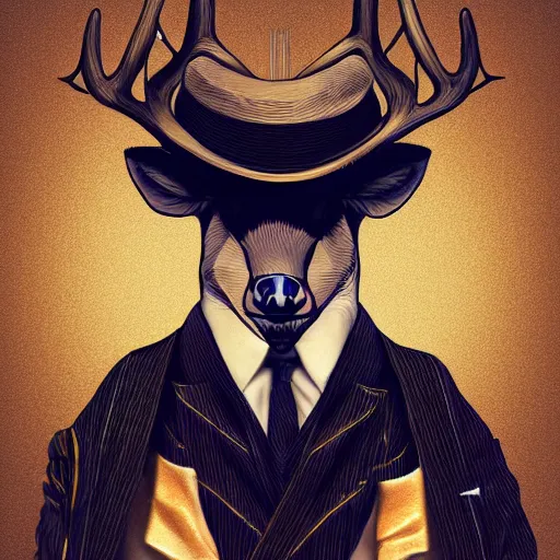 Image similar to a upper body portrait of a deer lord in a pinstriped suit and pants wearing a monocle and a fedora, intricate detail, digital art, trending on artstation