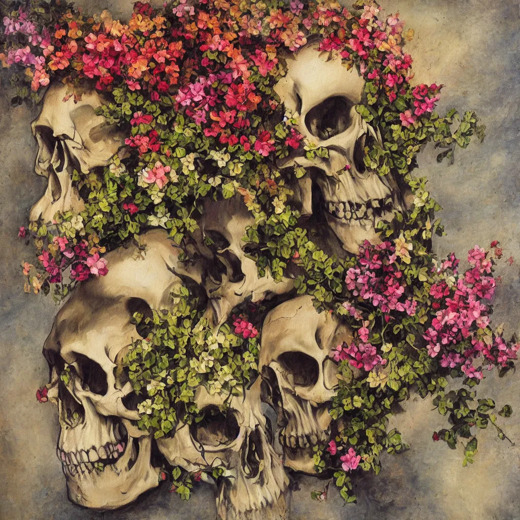 Image similar to Skull from which blooms many vines and blossoms, dramatic light, painted in the style of the old masters, painterly, thick heavy impasto, expressive impressionist style, painted with a palette knife