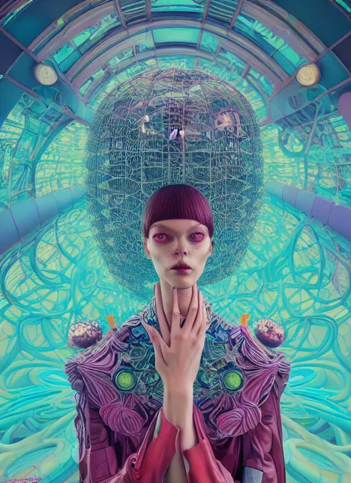 Prompt: pretty futuristic model with hallucination mushroom : : by martine johanna and simon stalenhag and chie yoshii and casey weldon and wlop : : ornate, dynamic, particulate, rich colors, intricate, elegant, highly detailed, vogue, harper's bazaar art, fashion magazine, smooth, sharp focus, 8 k, octane render,