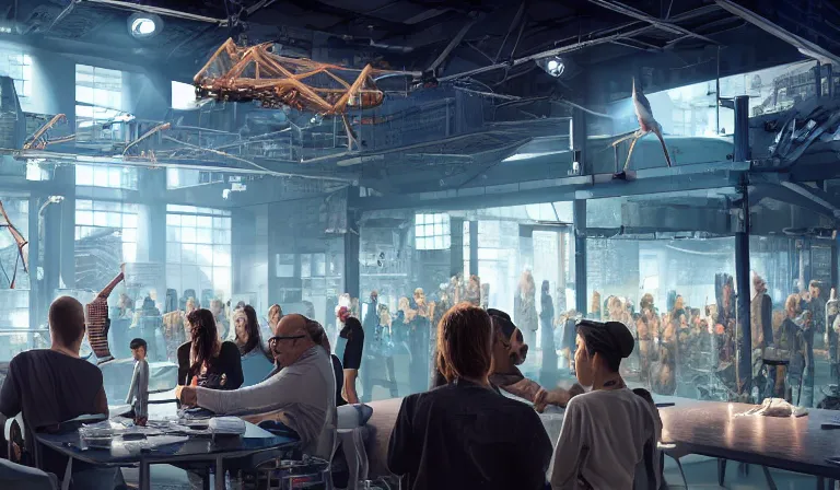 Prompt: group of people in simple warehouse, watching hologram of futuristic city on a table, cinematic concept art, godrays, golden hour, natural sunlight, 4 k, clear details, tabletop model buildings, center model buildings, hologram center, crane shot, crane shot, crane shot