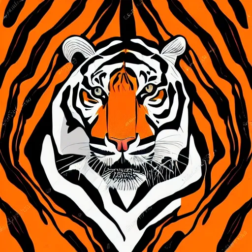 Prompt: tiger in the forest children drawing stripes orange sky palm tres sharp claws and teeth in geometric illustration style