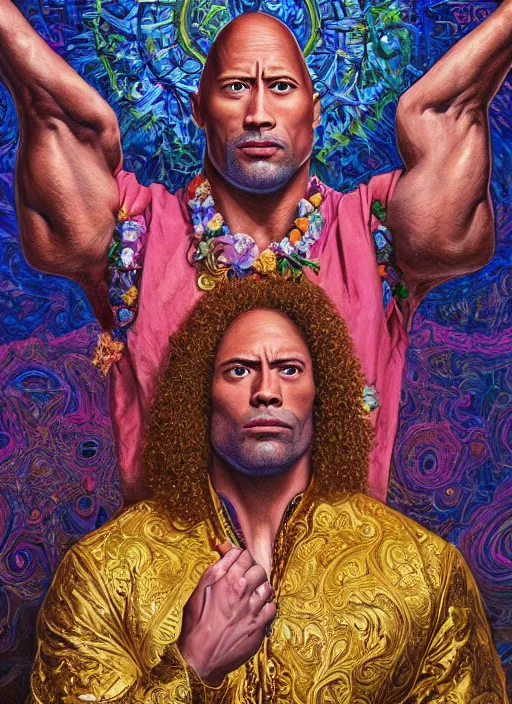 Image similar to beautiful oil painting, portrait of Dwayne the rock Johnson as Louis xiv in coronation robes 1701, Dan Mumford, Dan Mumford, Alex grey, Alex grey, lsd visuals, dmt fractal patterns, entheogen, psychedelic, hallucinogen, highly detailed, ornate, vaporwave