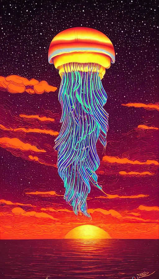 Image similar to The luminous jellyfish floating in starlit sunset sky, italian futurism, Dan Mumford, da vinci, Josan Gonzalez