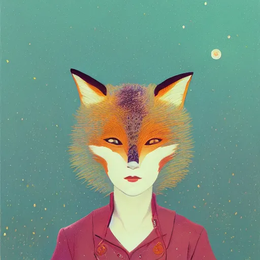 Image similar to little girl with fox mask on the prowl oil painting victo ngai