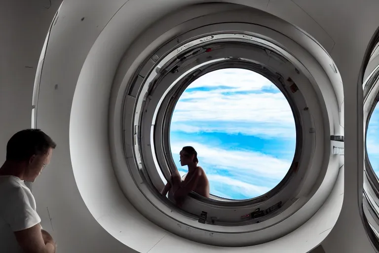 Image similar to sci-fi scene of space tourists in glamourous spaceship bedroom looking out large circular window at earth orbit By Emmanuel Lubezki