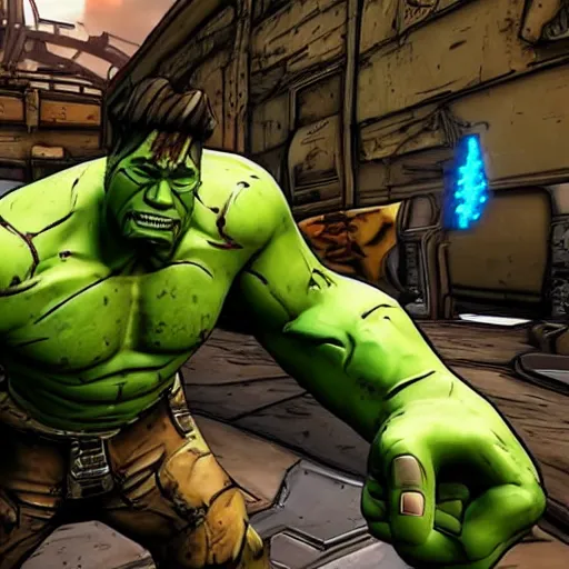 Prompt: Screenshot from new Borderlands DLC featuring the Hulk, 8k photorealistic